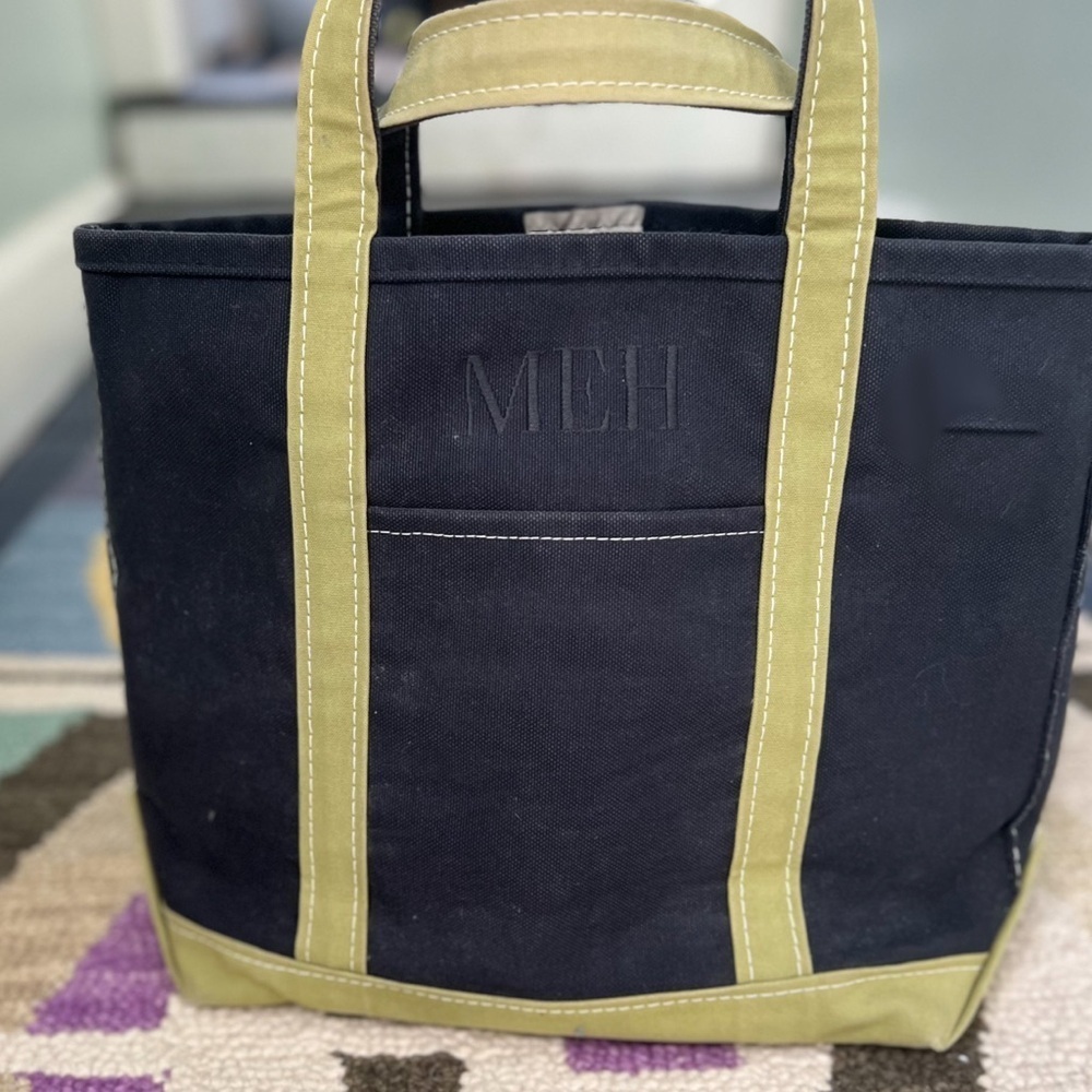 Vintage LL Bean Medium Tote Black with Olive Green Trim Handles  ‘MEH’ Monogram